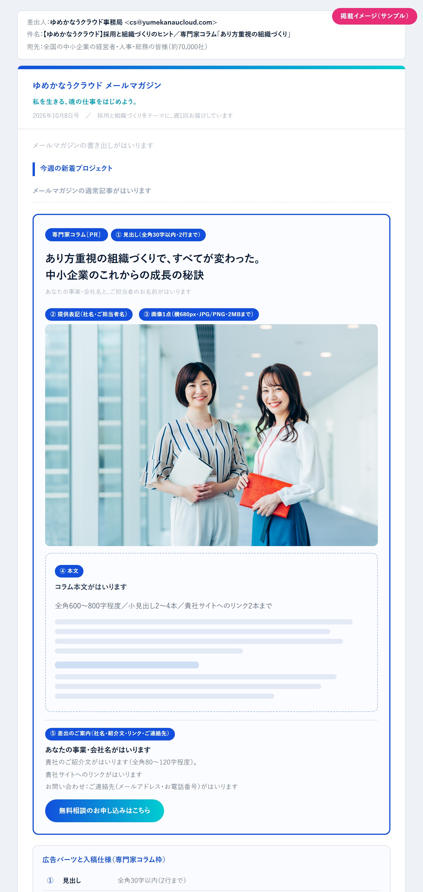 専門家コラム枠の掲載イメージ（メールマガジン誌面のサンプル）