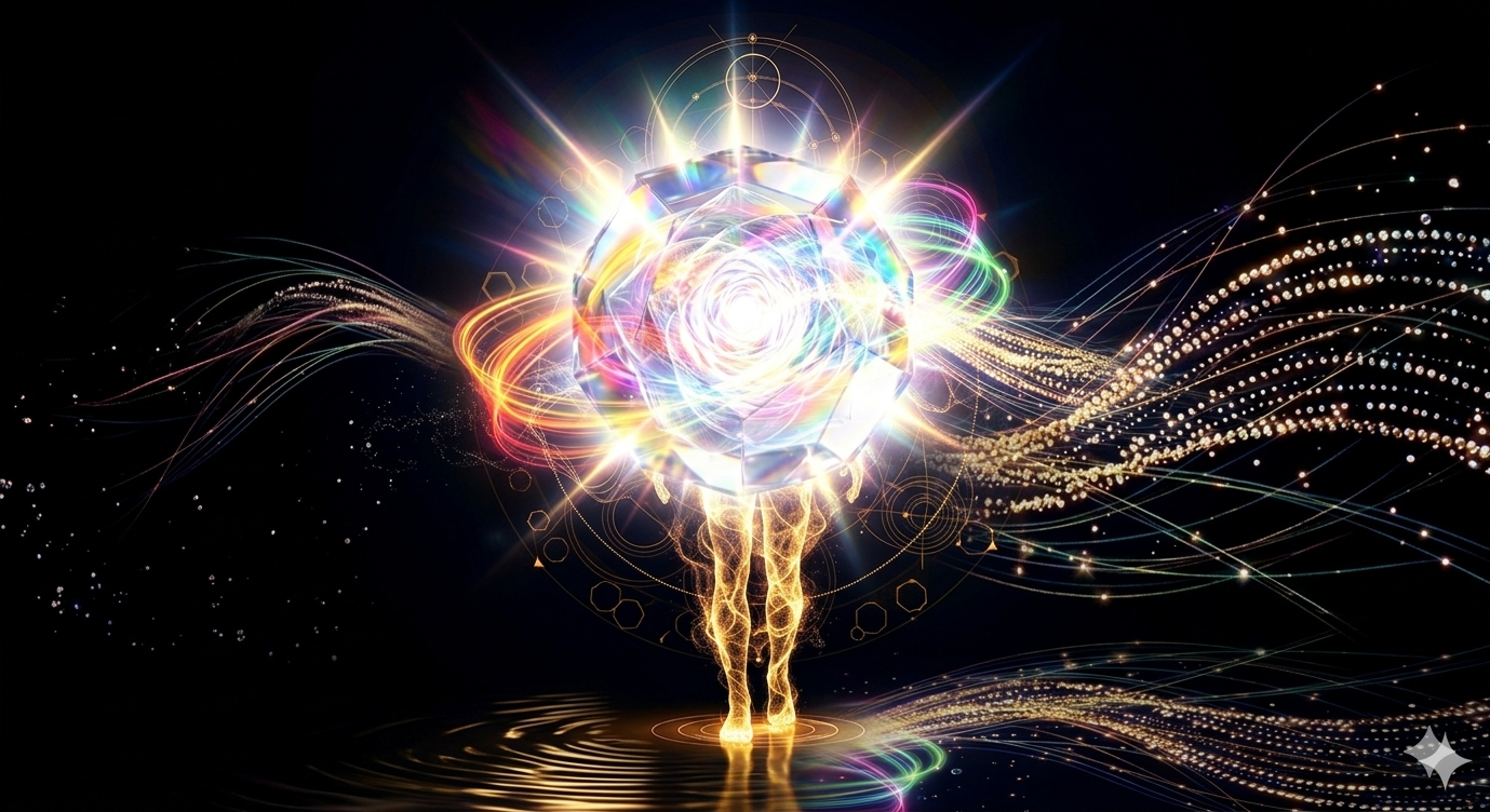 A symbolic visual of a human figure composed of particles of light