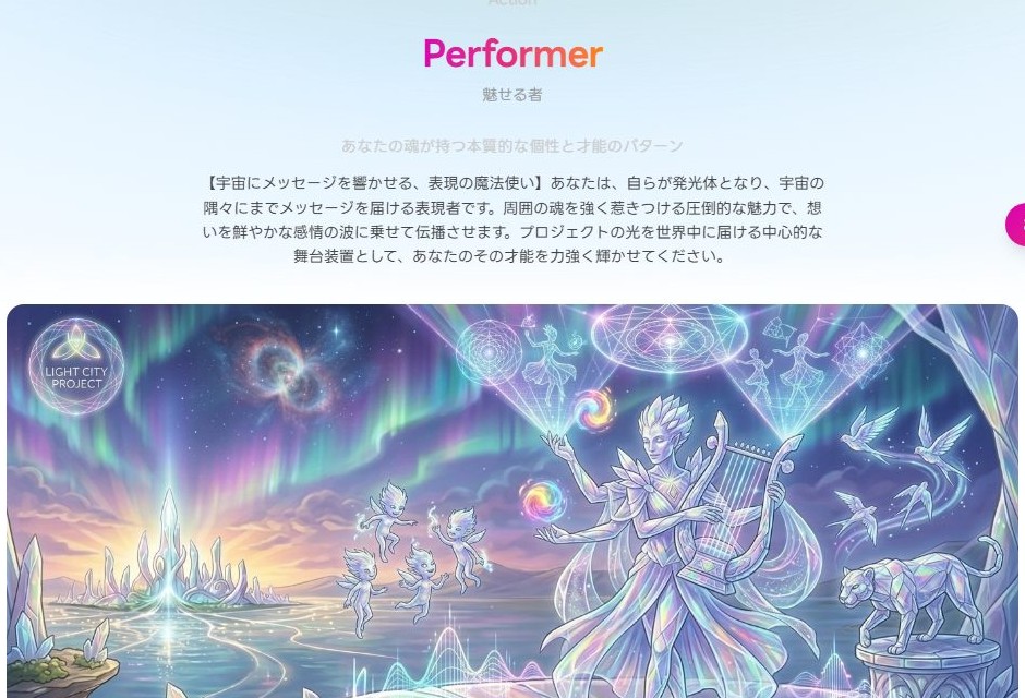 人生のOS診断の実画面(Performer=魅せる者・第2アーキタイプGuideの結果例)