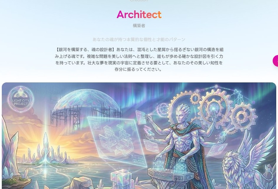 人生のOS診断の実画面(Architect=構築者・第2アーキタイプVisionaryの結果例)