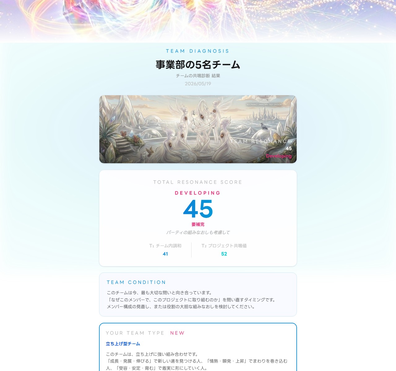 チーム診断の実画面(立ち上げ型・共鳴45 DEVELOPING)