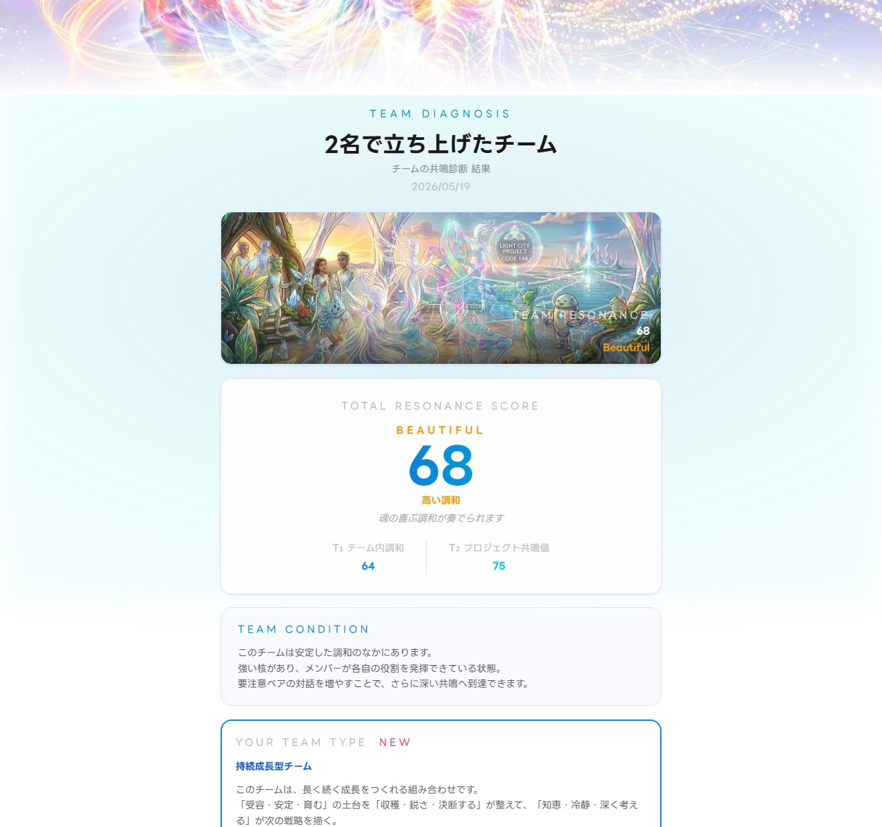 チーム診断の実画面(持続成長型・共鳴68 BEAUTIFUL)